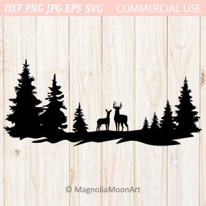 Hertenpaar in het bos-svg. Bos-svg. snijbestand voor de cricut. Doe. Bomen SVG. DXF-bestand. wildernis svg. hert png. Bergen svg. magnolia's