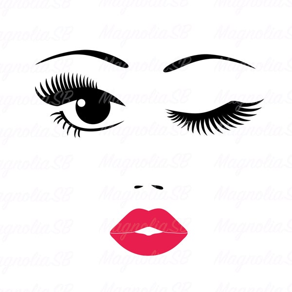 Jolie femme visage SVG, DXF, clipart jolis yeux, visage PNG, coupe yeux, longs cils, vecteur, lèvres roses, forme des yeux, silhouette visage de femme