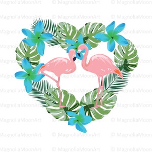Flamingos e coroa de corações, clip art digital, cartão para impressão de flamingos, convite de casamento, arte para impressão, vetor, EPS, download instantâneo
