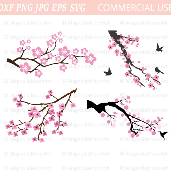 Kirsch Bundle svg, Kirschblüte svg, Kirschzweige svg, cut Datei für Cricut, PNG, Blüten svg, Vogel svg, jpg, dxf, silhouette, rosa