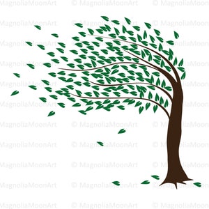 Árbol en el viento SVG, árbol PNG, archivo de corte para cricut, hojas verdes svg, dxf, jpg, hoja svg, viento, árbol svg, silueta de árbol en el viento