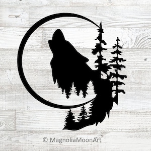 May include: A black silhouette wall decal featuring a howling wolf integrated with a forest scene of pine trees inside a circular moon shape. The design includes the text MagnoliaMoonArt at the bottom, showcasing a detailed nature-inspired graphic.