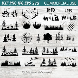 Forest Wilderness Bäume und Wildtiere svg bündel, Natur Abenteuer Clip Art, Elch Bär Wolf Elk Schnittdatei, Laserschnitt, Silhouette