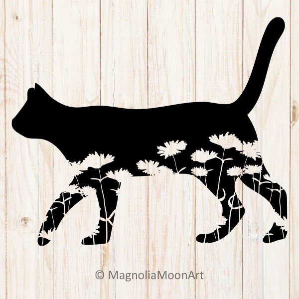 Floral Cat SVG, cut file for cricut, Pet svg, vector, DXF file for laser cut, Domestic Animal, flower, chamomile, Cat art, Cat silhouette