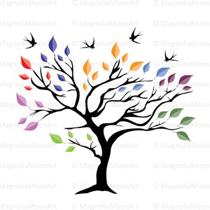 Arbre avec hirondelles SVG, DXF, clipart arbre, feuilles colorées, arbre PNG, coupe, vecteur d'arbre, forme d'arbre, oiseaux, silhouette d'arbre