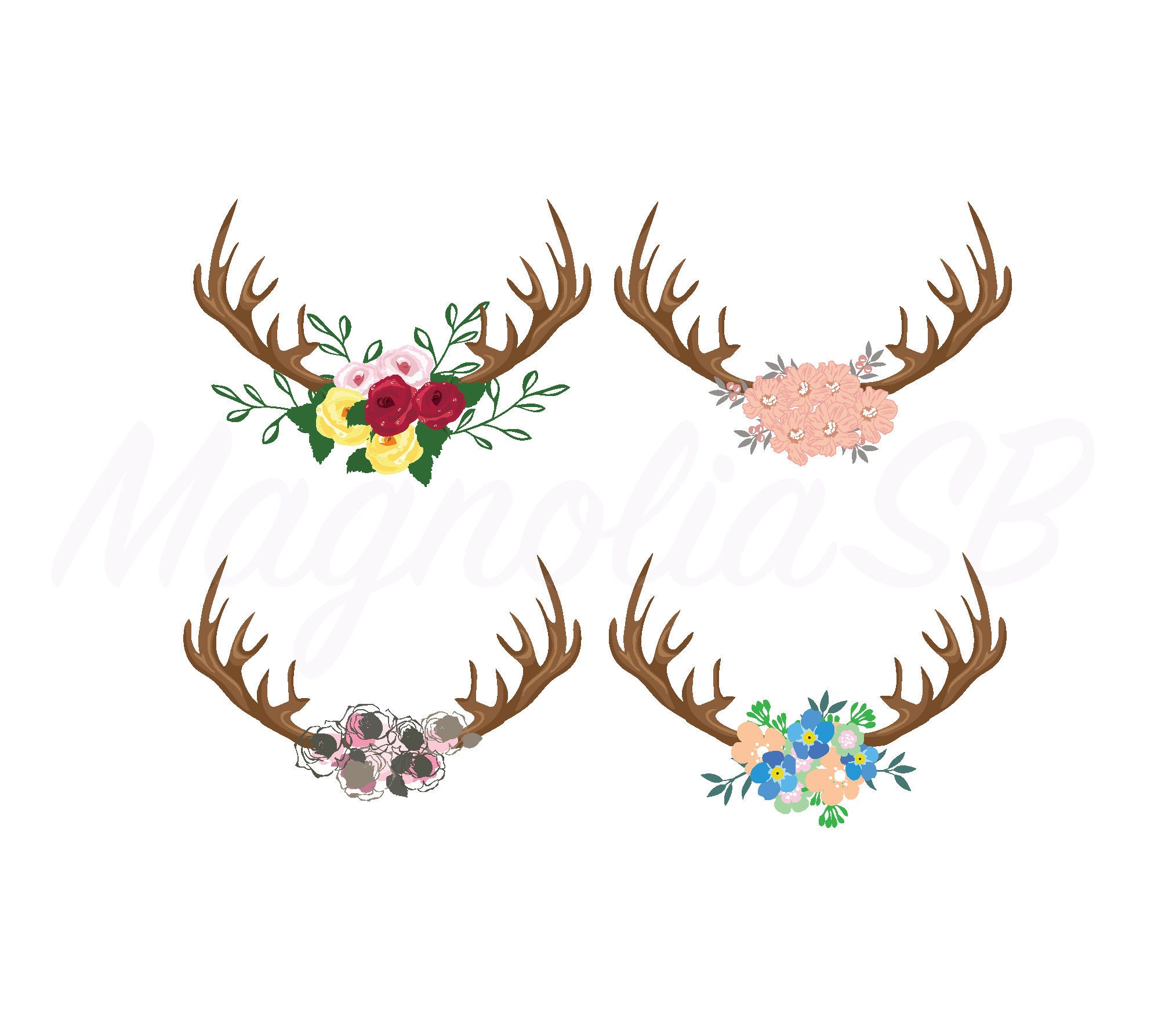 Floral Antlers Set digital clip art Floral Antlers printable | Etsy