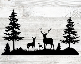 Deer Family Silhouette SVG: Forest Scene, Laser Cut Files (Digital Download)