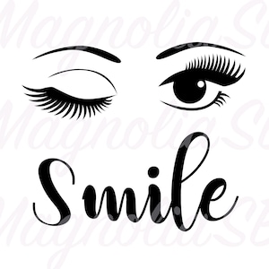 Ojos guiñando y sonrisa SVG, DXF, Ojos guiñando Clipart, Ojo PNG, Ojos recortados, Pestañas largas, Sonrisa, Ojos hermosos, Silueta de ojos guiñando