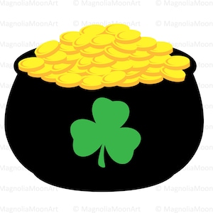 May include: A black pot filled with gold coins and a green shamrock. The pot is a traditional symbol of St. Patrick's Day.