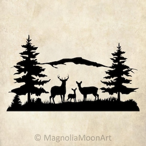 Familia de ciervos SVG, Ciervos en el bosque SVG, archivo de corte para Cricut, PNG, JPG, naturaleza, aire libre, aventura, Árboles SVG, diseño de camiseta, ciervo SVG