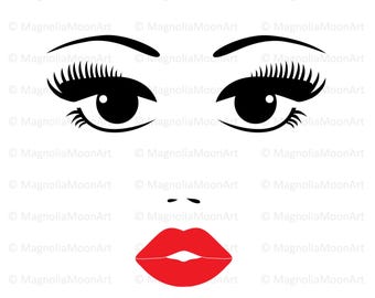 Woman Face with Red Lips SVG Clipart: Lashes Silhouette (Digital Download)