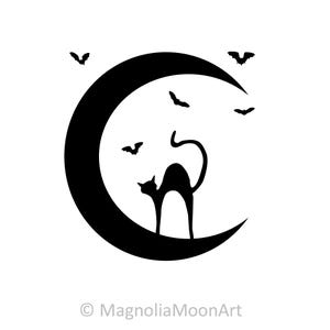 Straszny Halloweenowy Księżycowy Kot i Nietoperze SVG - Plik Cięcia dla Cricut, DXF, PNG - Straszna Sylwetka Clipart, Jesień Jesień Projekt DIY