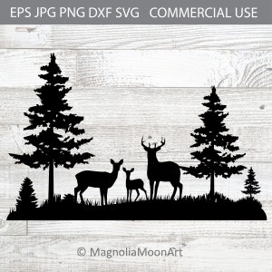 Cervi nella foresta in formato SVG, Famiglia dei Cervi in formato SVG, file di taglio per cricut, Cervi PNG, DXF, jpg, Albero in formato SVG, Deserto, magnoliasb, Silhouette della Famiglia dei Cervi