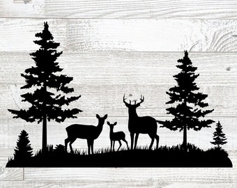 Deer in the Forest svg, Deer Family svg, cut file for cricut, Deer PNG, dxf, jpg, Tree svg, Wilderness, magnoliasb, Deer Family silhouette