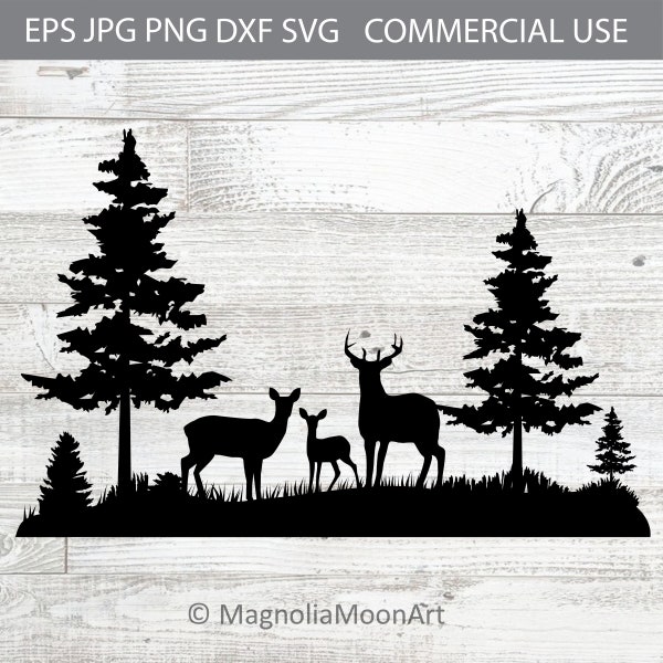 Deer in the Forest svg, Deer Family svg, cut file for cricut, Deer PNG, dxf, jpg, Tree svg, Wilderness, magnoliasb, Deer Family silhouette