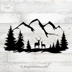 Cervo e Doe in formato SVG, Foresta in formato SVG, Montagne in formato SVG, DXF, file di taglio per cricut, natura selvaggia in formato SVG, avventura, cervo PNG, magnoliasb, silhouette