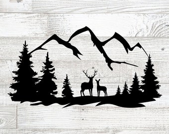 May include: Black silhouette of a mountain range with two deer standing in front of a forest of pine trees.