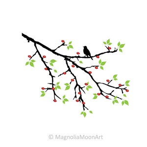 Ramo in fiore con un uccello SVG, DXF, file di taglio per cricut, taglio di ramo di albero, vettore, fiori, ramo di albero PNG, sagoma di ramo di albero