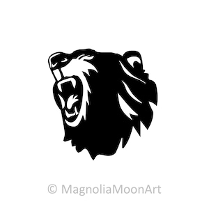 May include: Black and white silhouette of a bear's head with its mouth open and teeth showing. The bear's fur is detailed with lines and the image is set against a white background.
