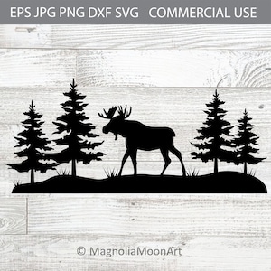 Moose in the Woods SVG, Moose in het bos SVG, DXF, gesneden bestand voor cricut, eland silhouet, bomen, PNG, JPG, eland SVG, avontuur, jacht