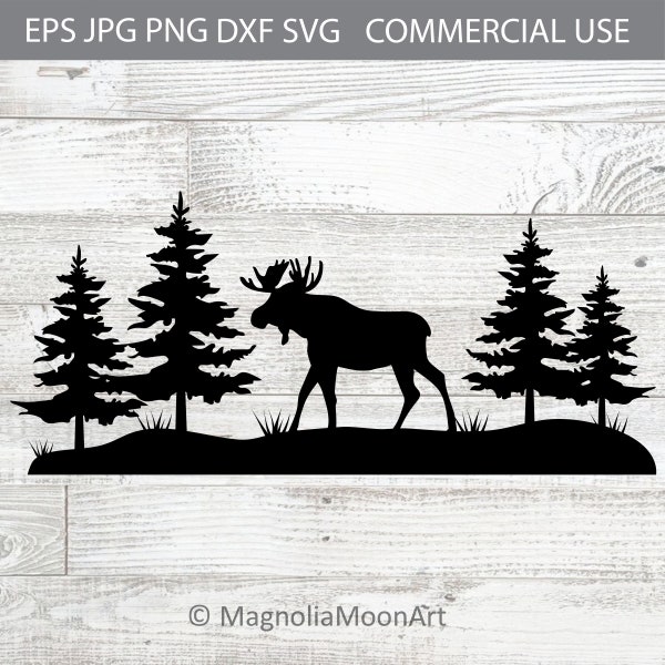 Moose in the Woods svg, Moose in the forest svg, dxf, cut file for cricut, moose silhouette, trees, png, jpg, moose svg, adventure, hunting