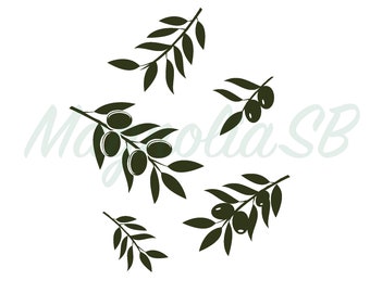 May include: Five black silhouettes of olive branches with leaves and olives. The branches are arranged in a random pattern on a white background.