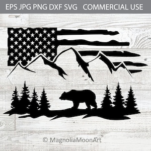 May include: Black and white silhouette design featuring a bear, mountains, and a US flag. The design is perfect for a patriotic outdoor theme.