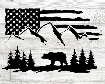 Bär Amerikanische Flagge SVG: Wald Berg Cut-Datei (Digitaler Download)