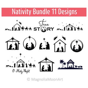 Szopka Cicha Noc Bindle svg, plik do cięcia dla cricut, PNG JPG dxf, sylwetka radości i pokoju Bożego Narodzenia, Maryja Jezus Józef