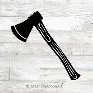 May include: Black silhouette of an axe with a wooden handle against a white woodgrain background.