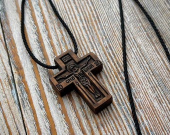 Orthodox Wooden Cross Necklace, Hand Carved Crucifix from Pear Wood, Religious Pendant for Men