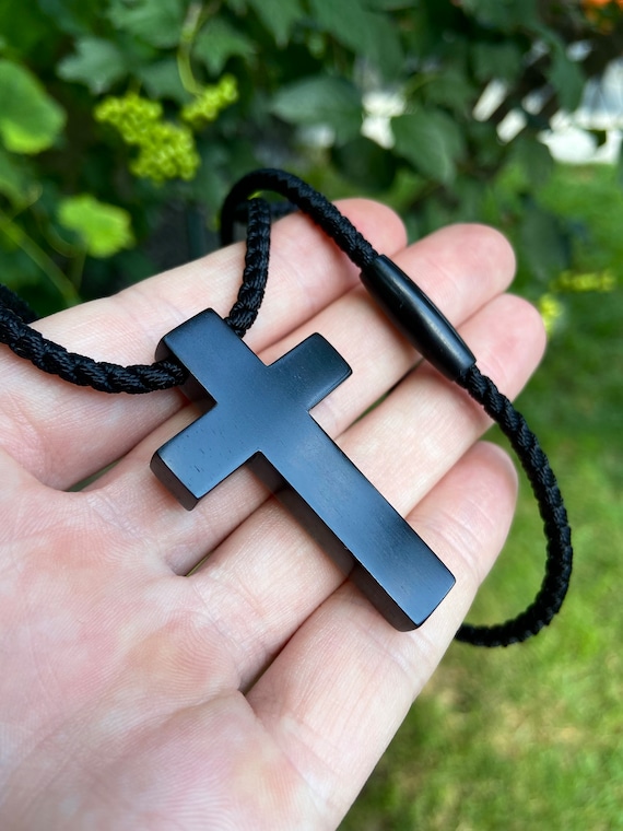 Cross Necklace Men, Cross Necklace, Crucifix Necklace, Mens Cross Necklace,  Wooden Cross, Wood Cross, Black Cross Necklace 