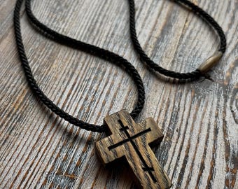 Hand Carved Ash Wood Orthodox Cross Necklace