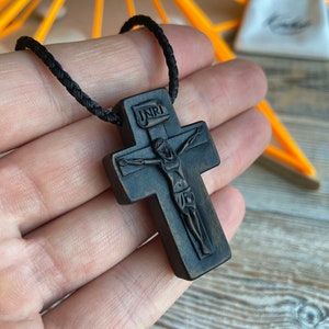 Catholic Wooden Cross, Handmade Pear Wood Crucifix Pendant with Braided Cord, Traditional Christian Pectoral Necklace