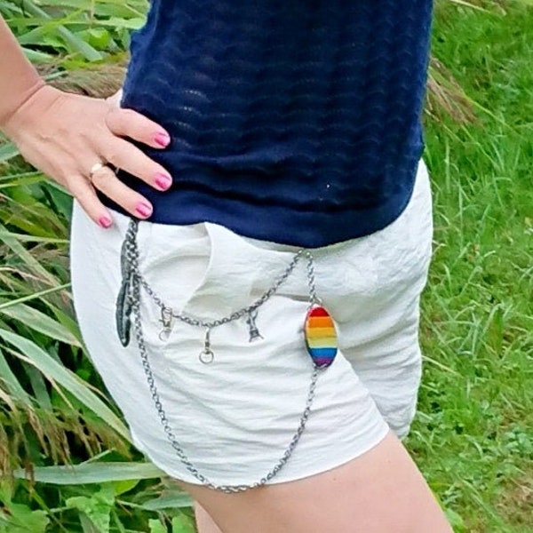 Dark silver color chain with rainbow ring for pants, LGBT Pride double chain with colorful leather pendant, Lesbian Gay Festival accessory