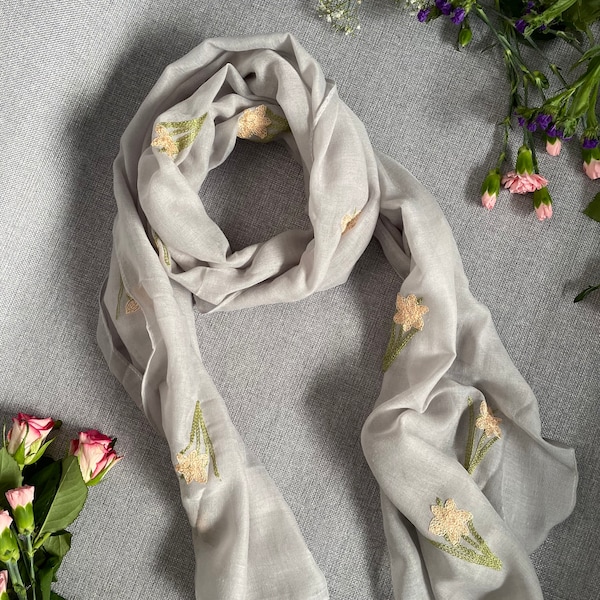 Floral Embroidered Scarf with Yellow Daffodils