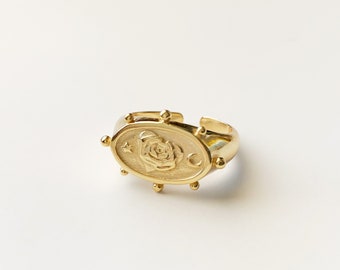 925 Sterling Silver Gold Rose Ring, Star Moon Rose Ring, Rose Signet Ring, Gold Statement Ring, Moon Signet Ring, Open Ring, Adjustable Ring