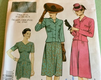 VINTAGE VOGUE PATTERN 1940 sin cortar vestido de señora y chaqueta #2636 en tamaño 6-8-10