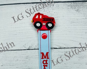 Fire Truck pacifier holder monogram custom boy baby paci clip cute white red homemade cotton gift baby shower gift