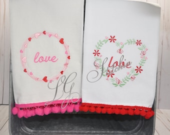 Valentine tea towel home decor flour sack love gift kitchen towel bath towel embroidered custom Valentines Day flowers hearts