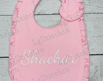 ruffle baby bib initial baby bib monogram custom bib baby bib cute girly pink cotton gift baby shower gift monogram plain bib