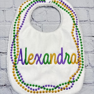 Mardi Gras beads Louisiana bib baby gift New Orleans Purple Green Gold Carnival time
