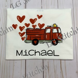 Valentine shirt custom shirt vinyl shirt Boy's Valentine Shirt Crane Firetruck hearts Love image 2