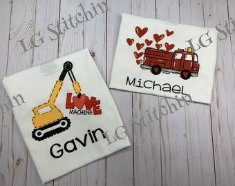 Valentine shirt custom shirt vinyl shirt Boy's Valentine Shirt Crane Firetruck hearts Love