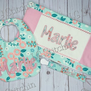Baby bib girl bib monogram bib baby accessory burp cloth personalized bib paci holder handmade bib custom bib baby gift set
