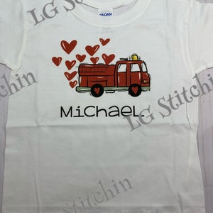 Valentine shirt custom shirt vinyl shirt Boy's Valentine Shirt Crane Firetruck hearts Love image 4