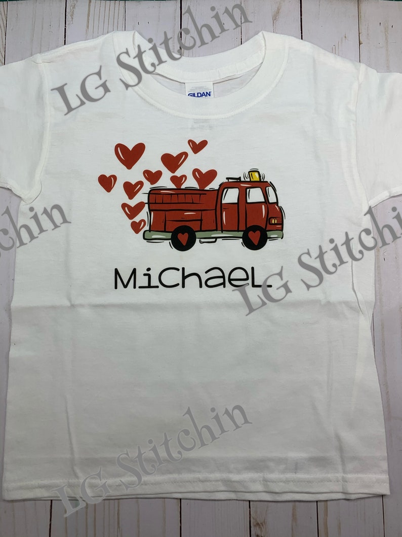 Valentine shirt custom shirt vinyl shirt Boy's Valentine Shirt Crane Firetruck hearts Love image 4