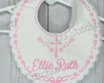 christening bib baptism bib embroidered bib baby bib with ribbon closure lace bib pretty bib baby shower gift bib gift baptism ribbon cross