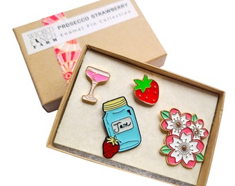 Enamel Pins Flower Strawberry Prosecco Pin Collection