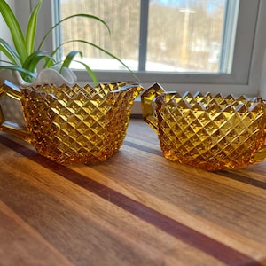 Indiana glass diamond point antique creamer and sugar set, amber kitchenware
